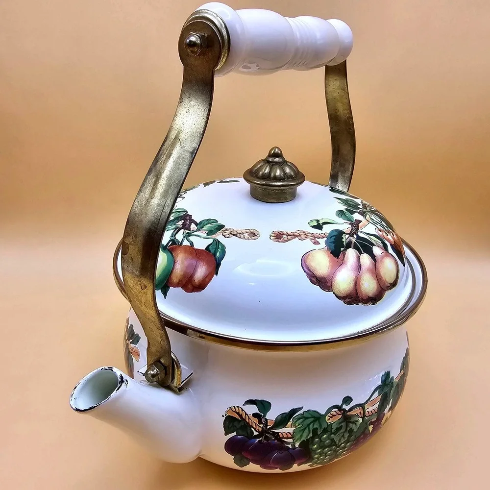 Vintage Enamel Fruit‎ Kettle 2 Quart Tea Pot White Gold Trim Induction Stovetop